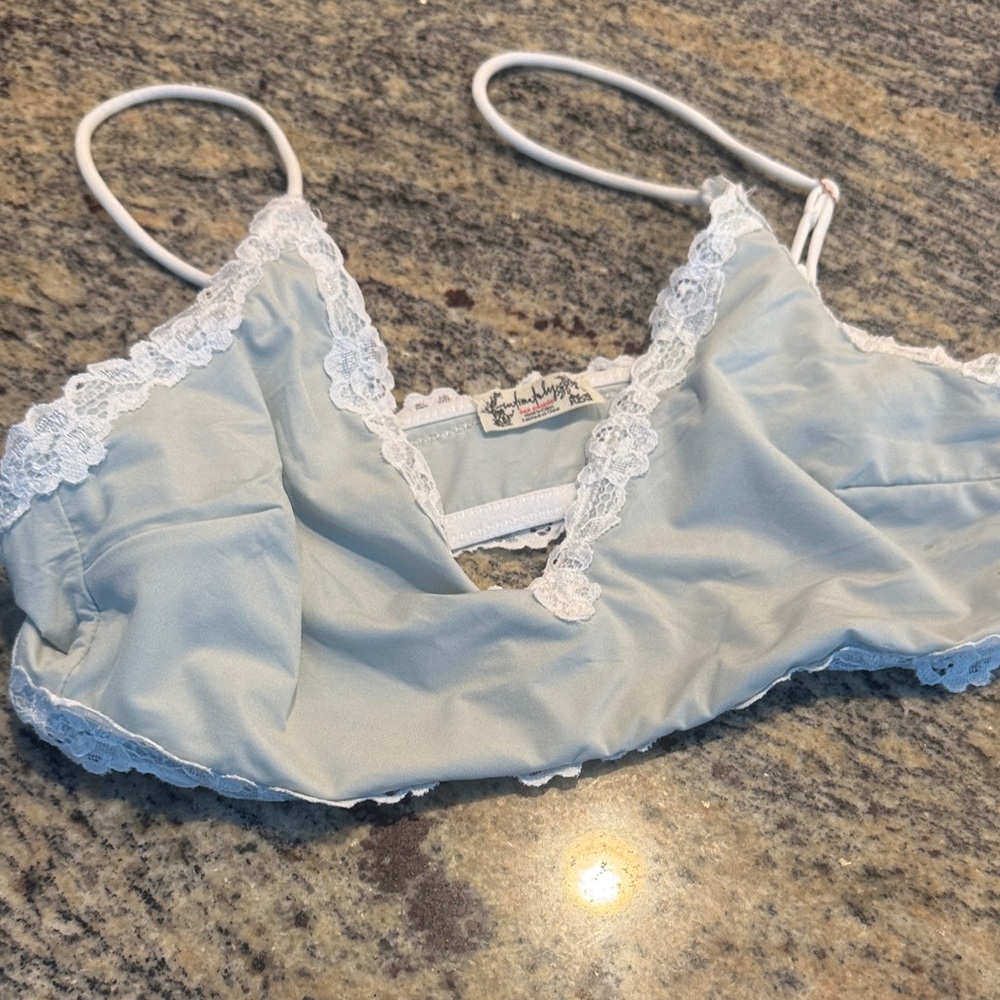 Free People Lace Trim Bralette - Light Blue and White
